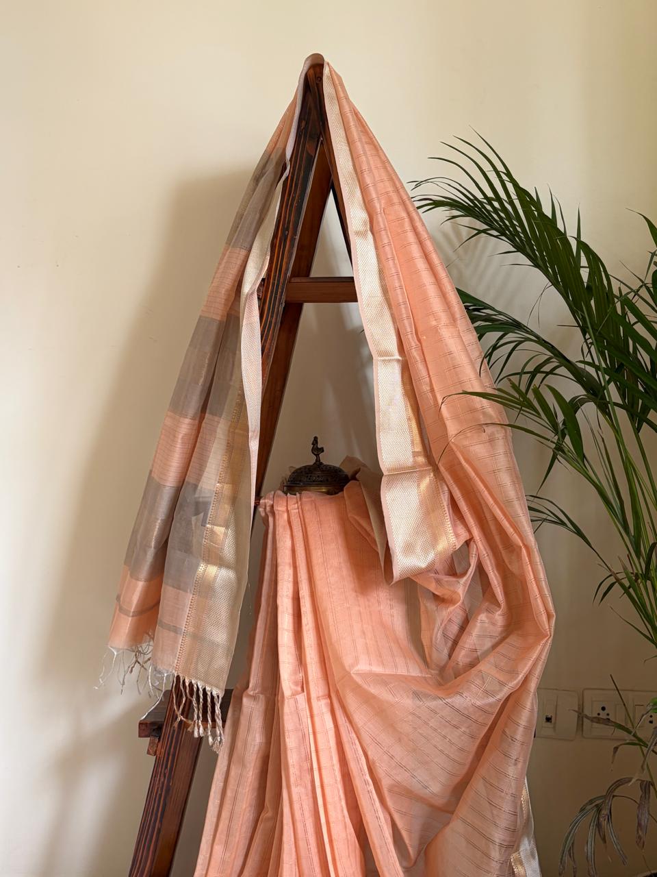 Mridula Peach and Silver Handwoven Maheshwari Saree