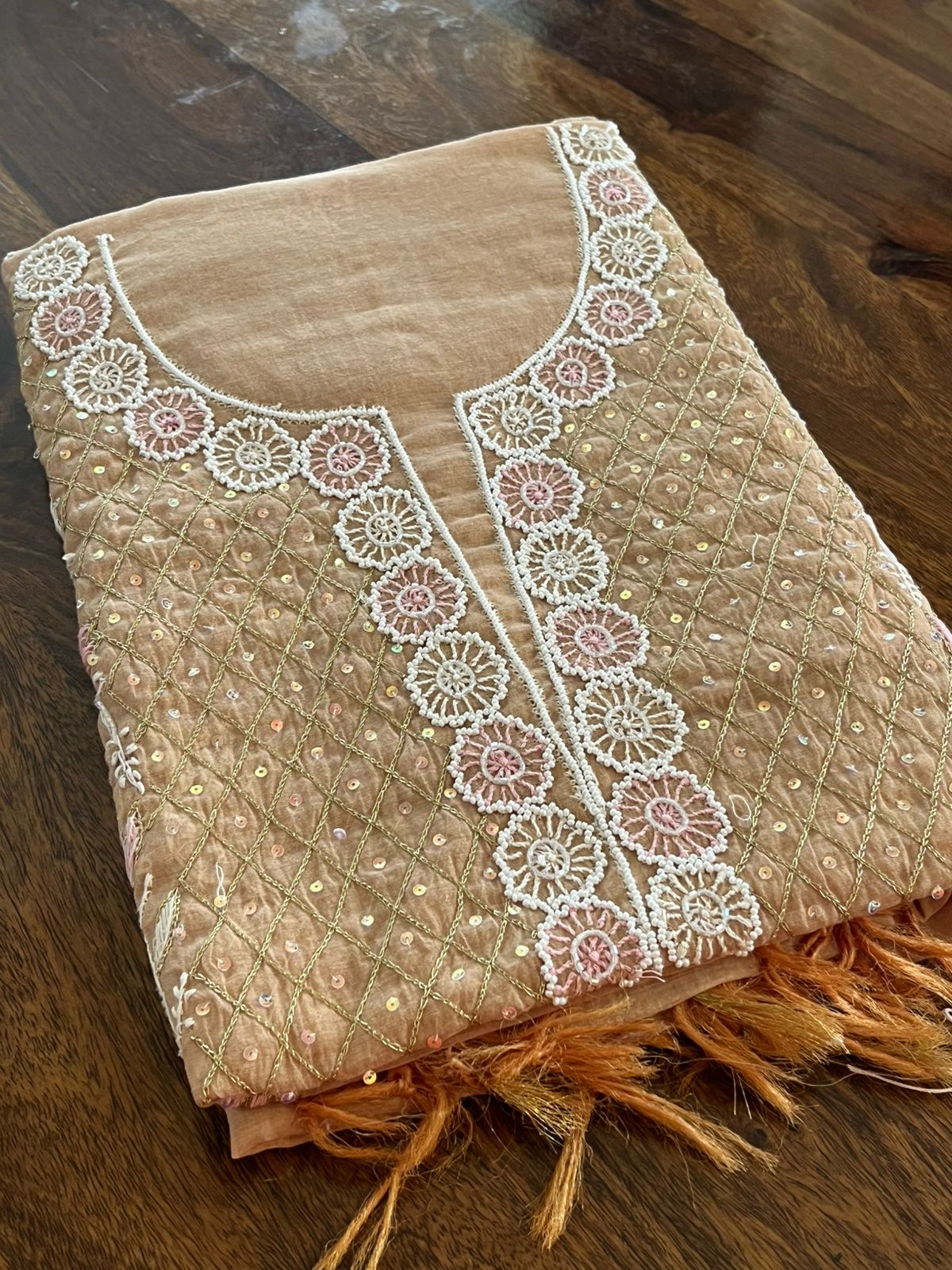 Mul Chanderi Handwork Chikankari Kurta Dupatta - Beige