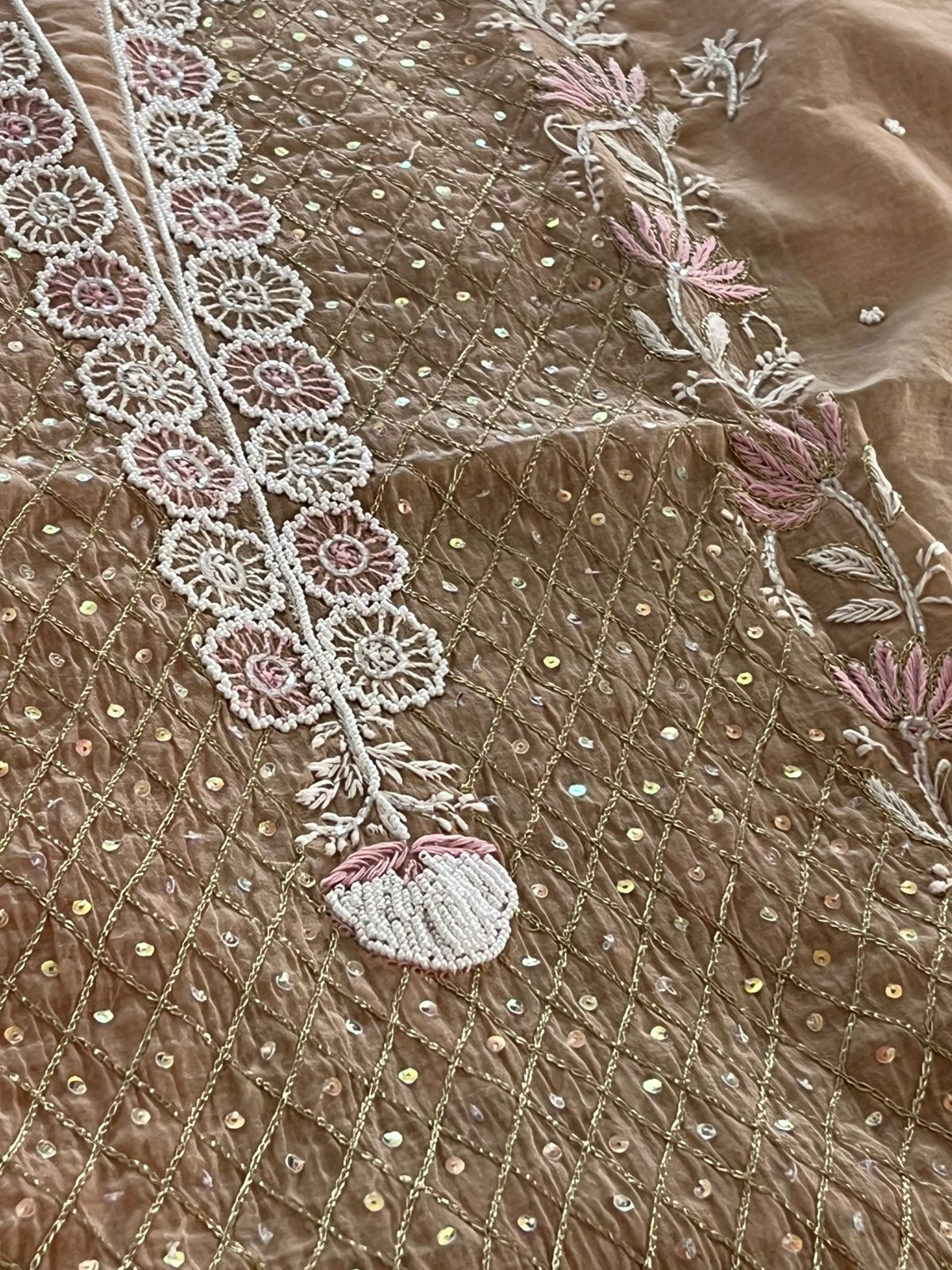 Mul Chanderi Handwork Chikankari Kurta Dupatta - Beige