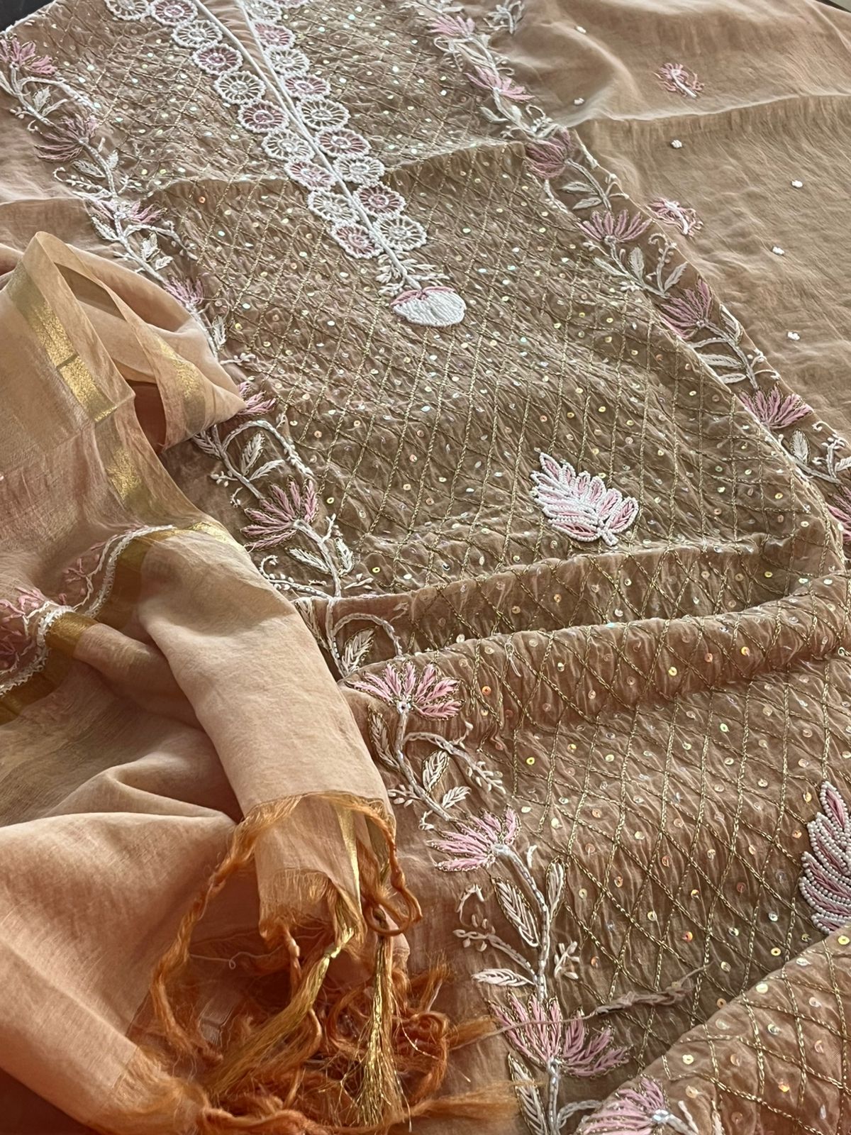 Mul Chanderi Handwork Chikankari Kurta Dupatta - Beige