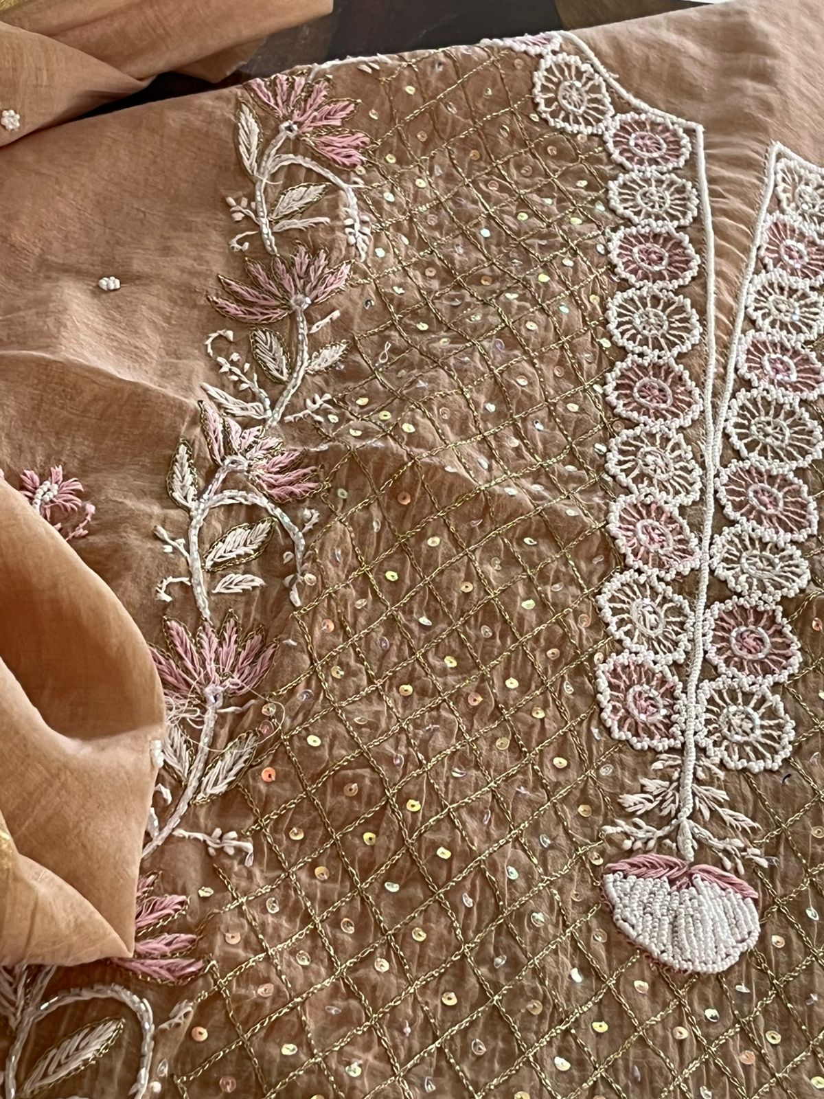 Mul Chanderi Handwork Chikankari Kurta Dupatta - Beige