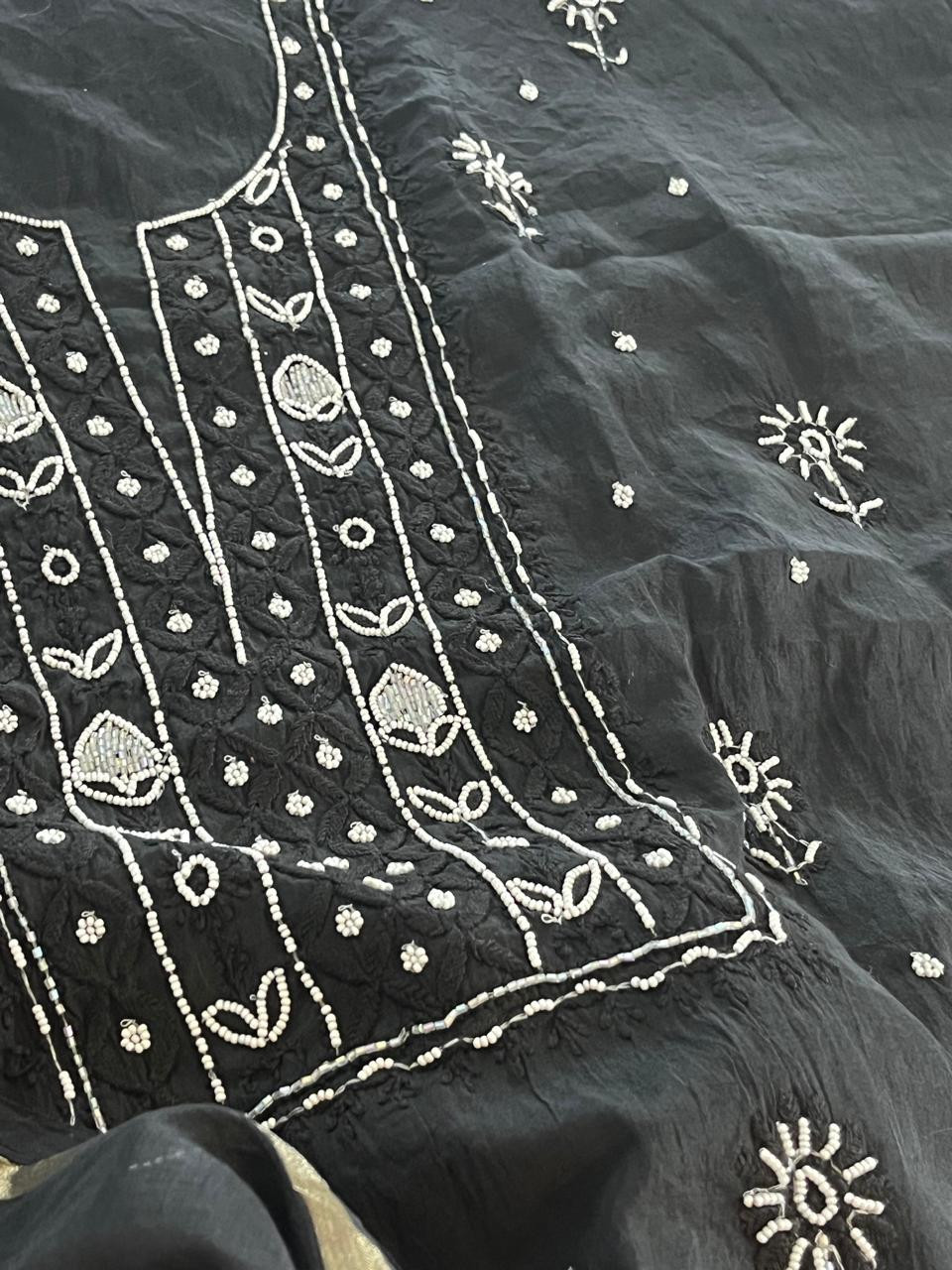 Mul Chanderi Handwork Chikankari Kurta Dupatta - Black