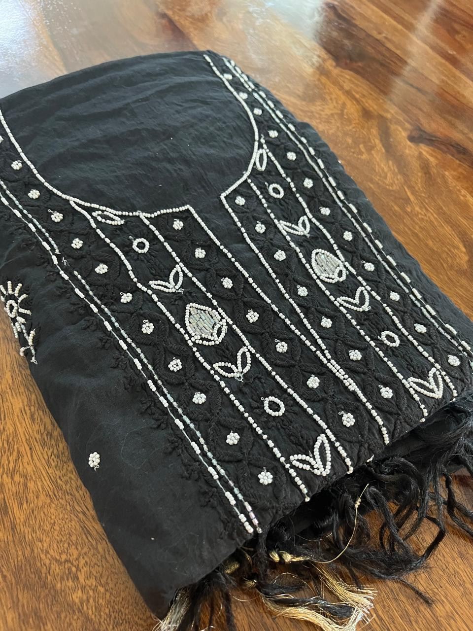 Mul Chanderi Handwork Chikankari Kurta Dupatta - Black