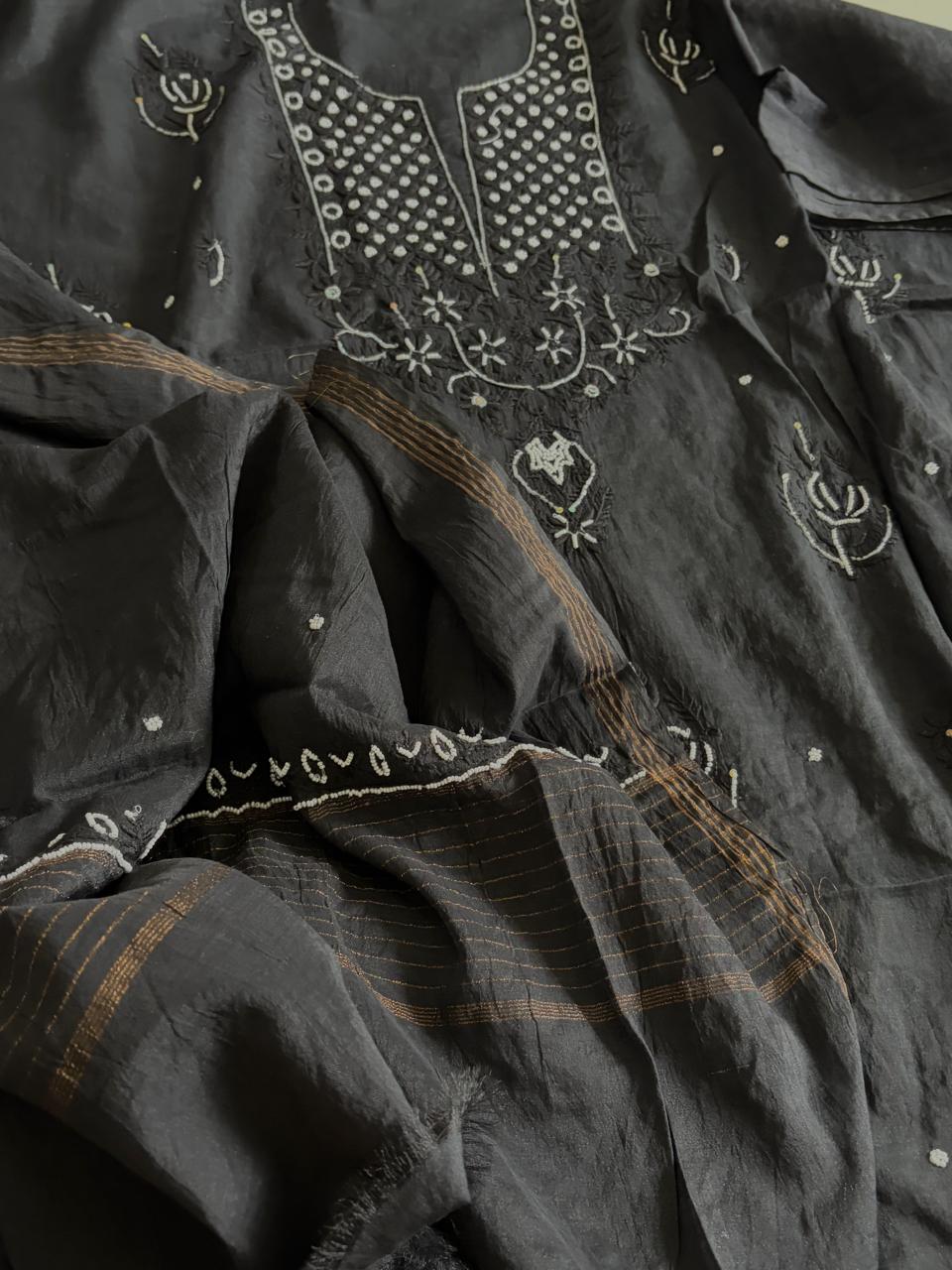 Mul Chanderi Handwork Chikankari Kurta Dupatta - Black