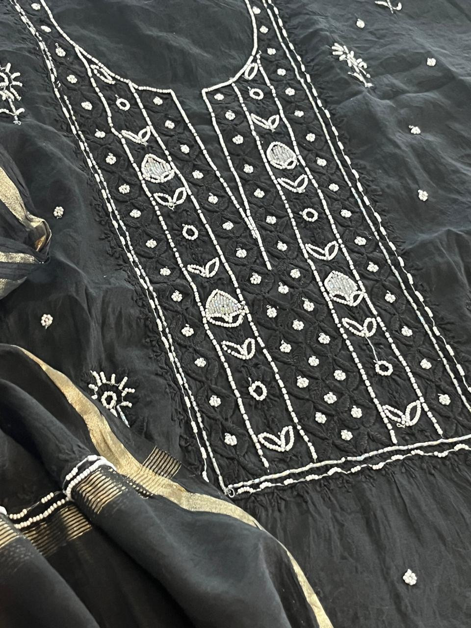 Mul Chanderi Handwork Chikankari Kurta Dupatta - Black