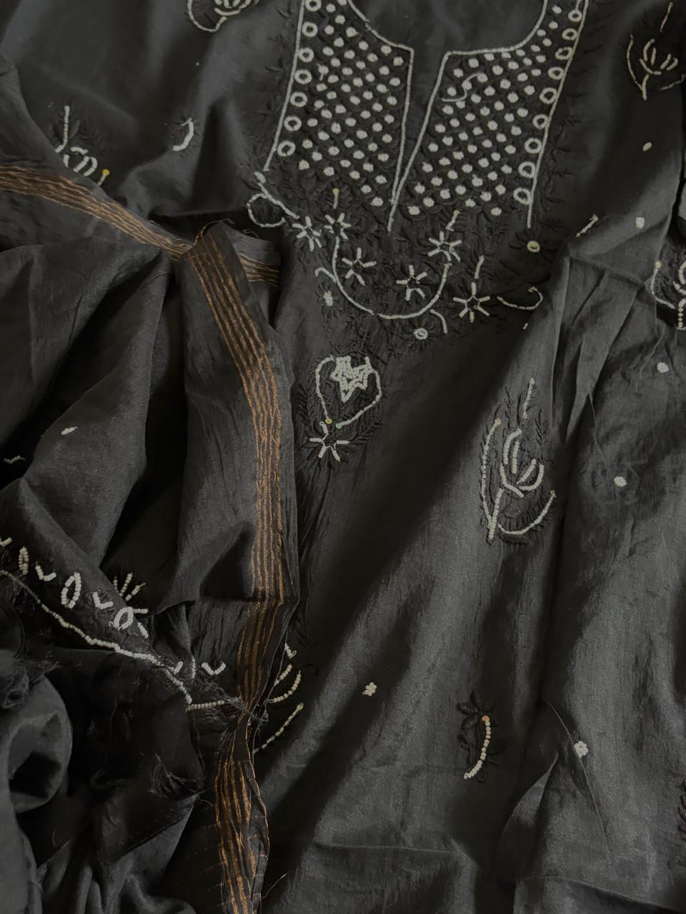 Mul Chanderi Handwork Chikankari Kurta Dupatta - Black
