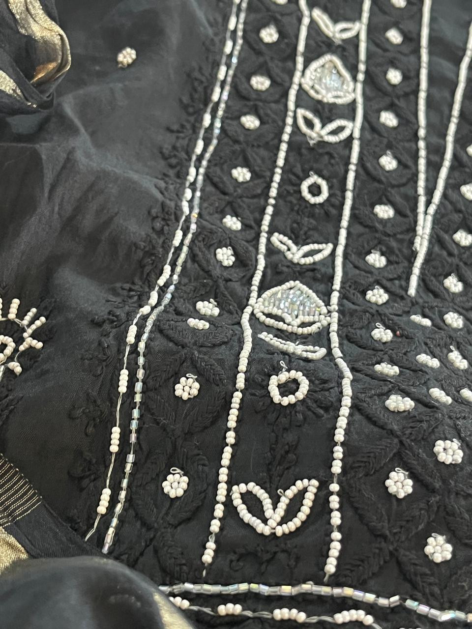 Mul Chanderi Handwork Chikankari Kurta Dupatta - Black