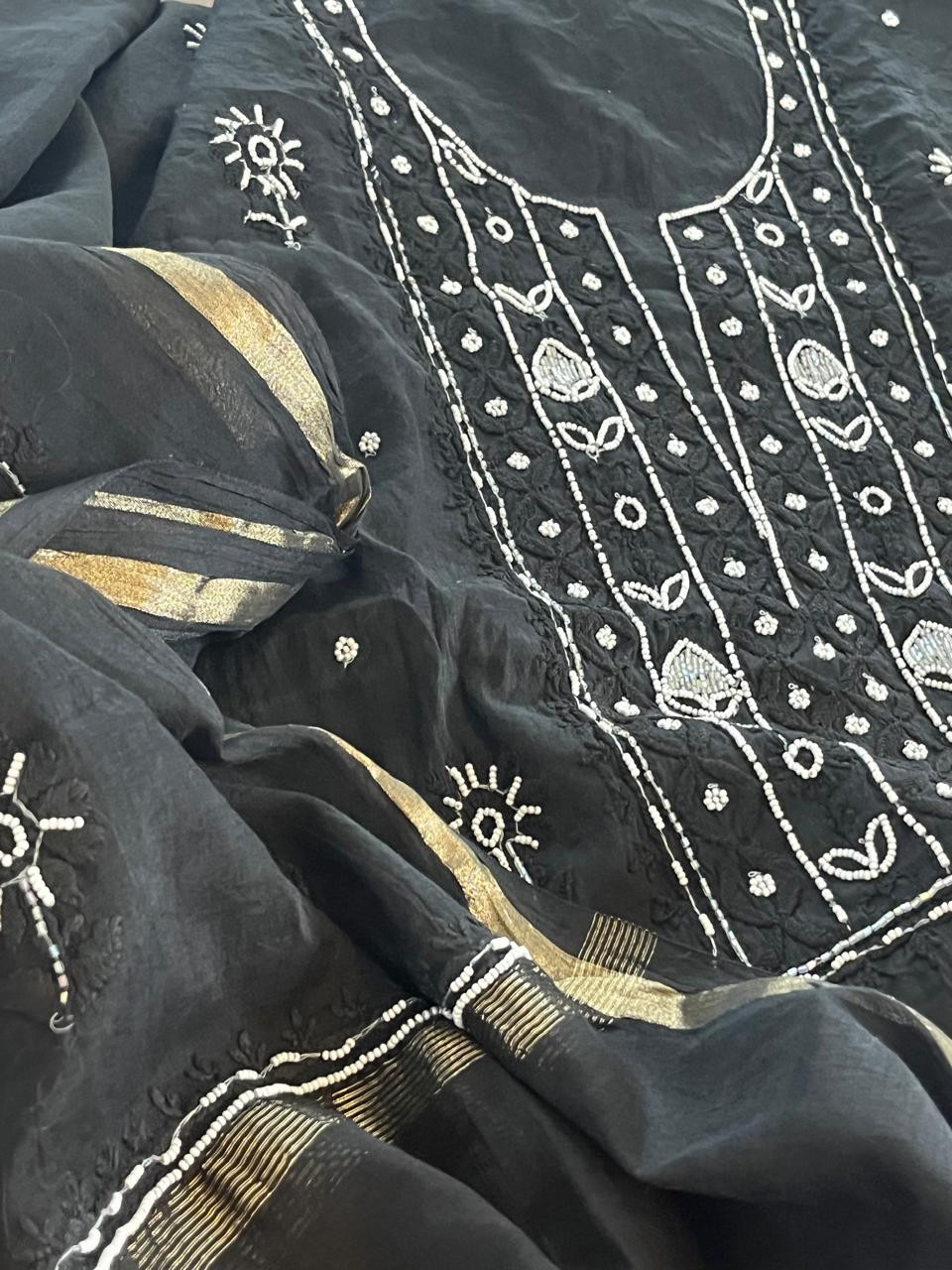 Mul Chanderi Handwork Chikankari Kurta Dupatta - Black