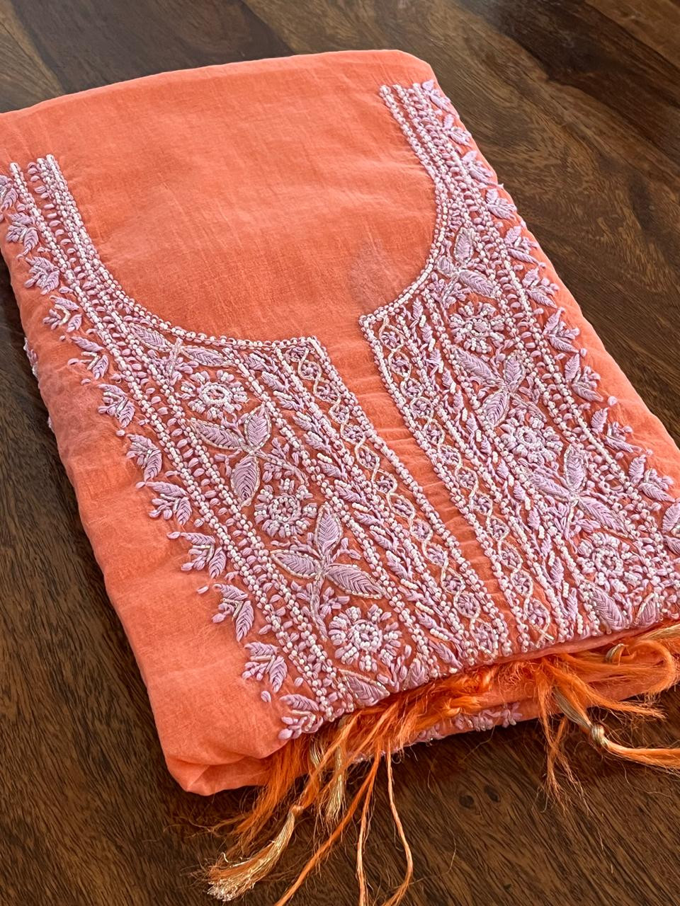 Mul Chanderi Handwork Chikankari Kurta Dupatta - Coral