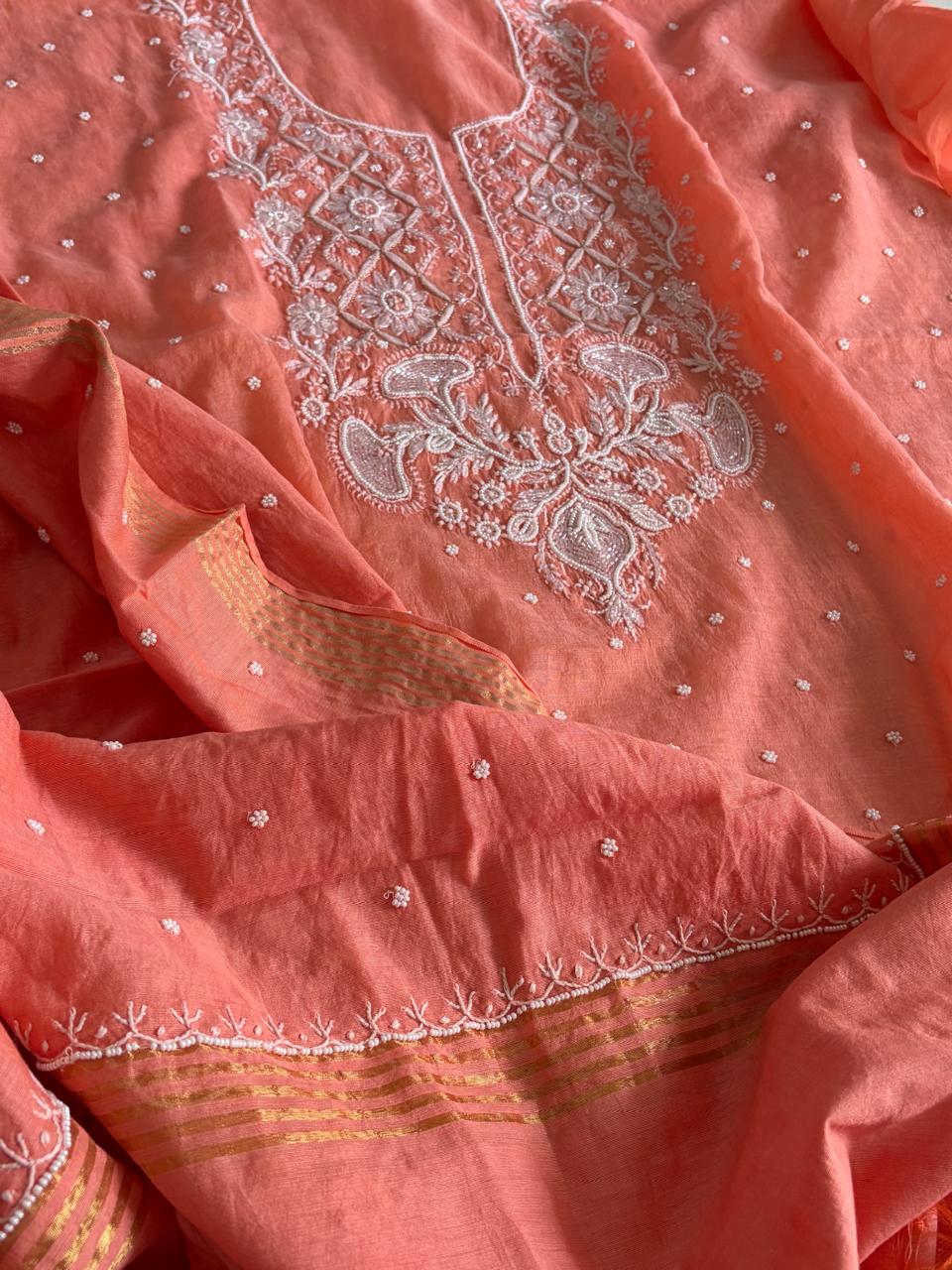 Mul Chanderi Handwork Chikankari Kurta Dupatta - Coral