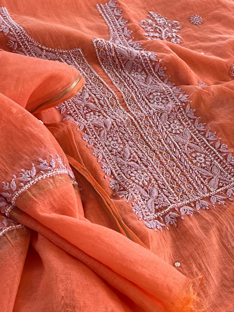 Image of Mul Chanderi Handwork Chikankari Kurta Dupatta - Coral