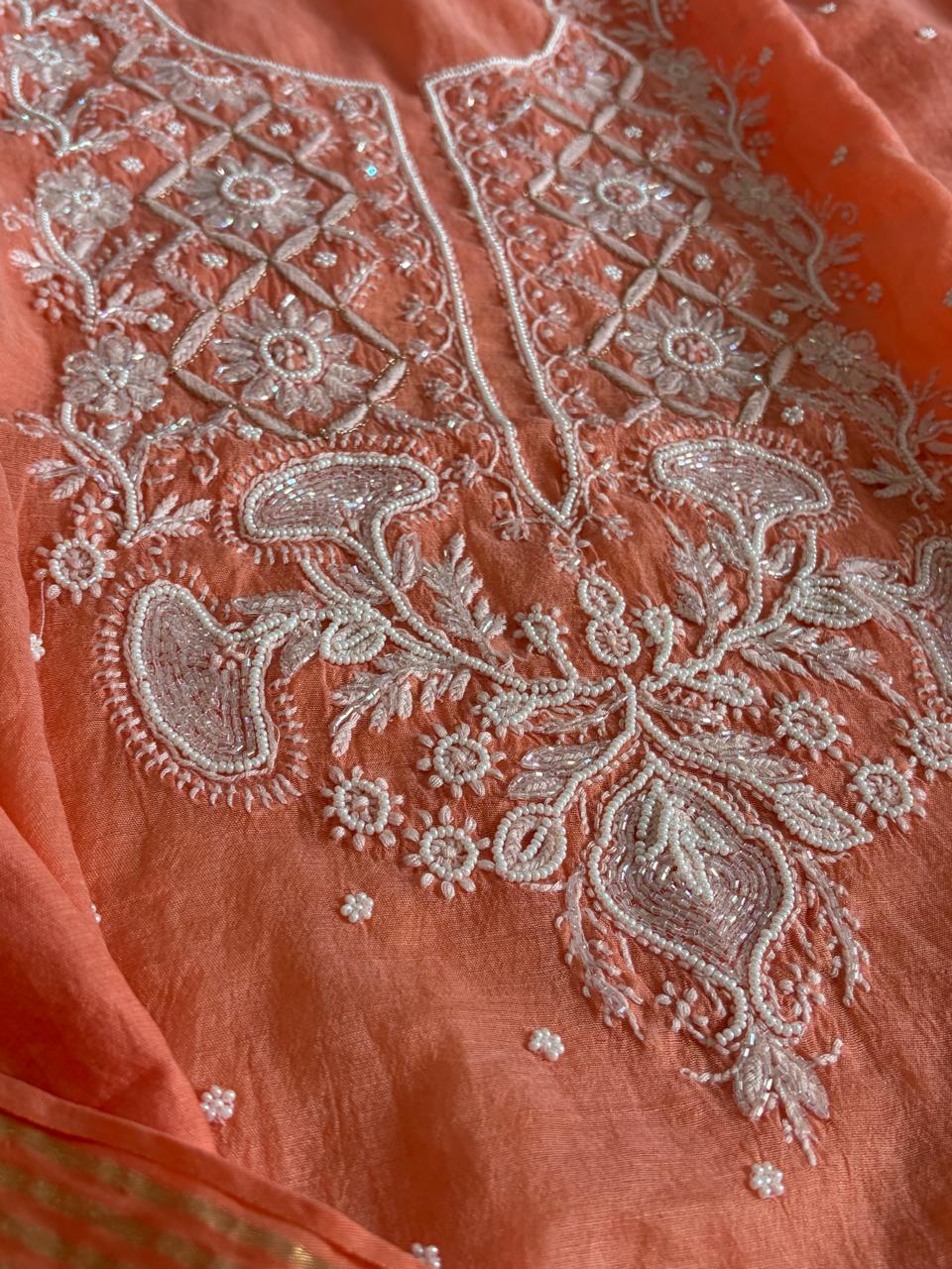 Mul Chanderi Handwork Chikankari Kurta Dupatta - Coral