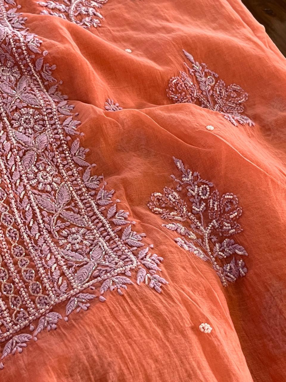 Mul Chanderi Handwork Chikankari Kurta Dupatta - Coral