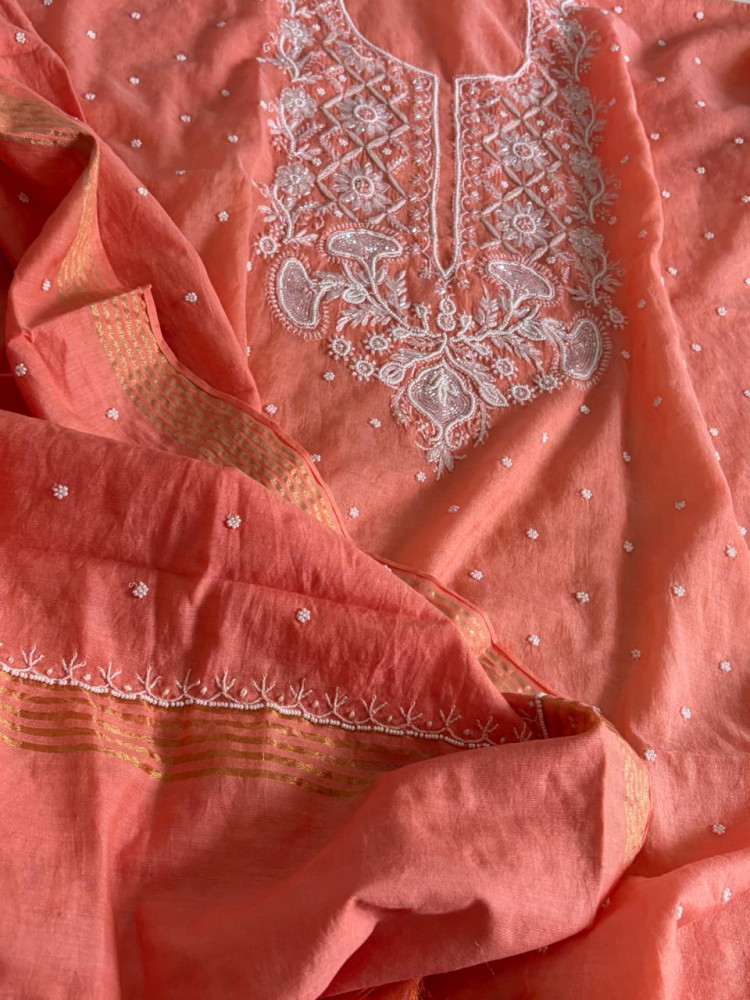 Image of Mul Chanderi Handwork Chikankari Kurta Dupatta - Coral