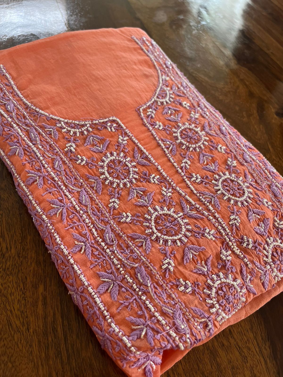 Mul Chanderi Handwork Chikankari Kurta Dupatta - Coral