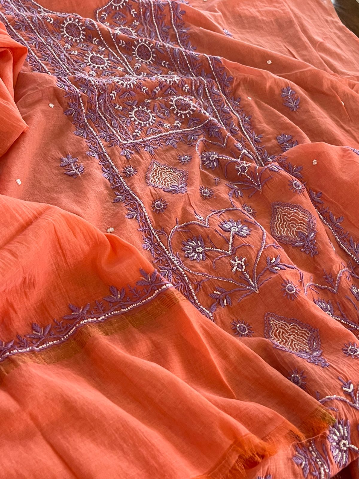 Mul Chanderi Handwork Chikankari Kurta Dupatta - Coral