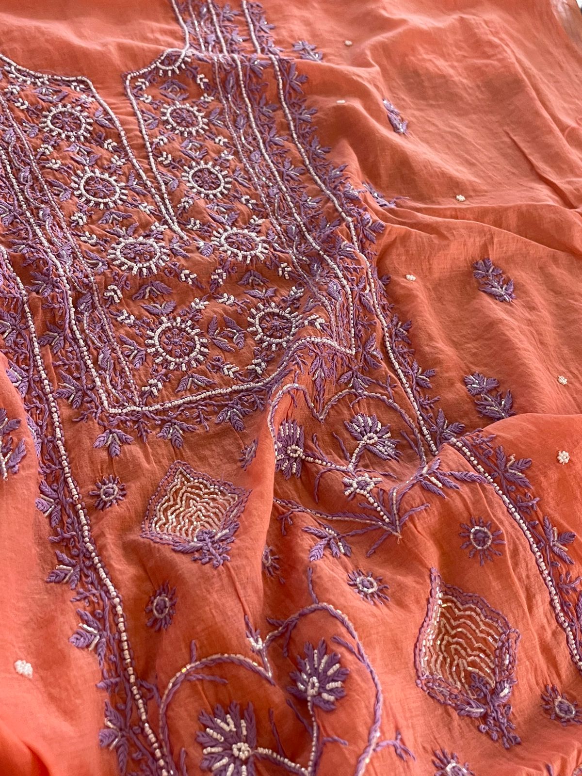 Mul Chanderi Handwork Chikankari Kurta Dupatta - Coral