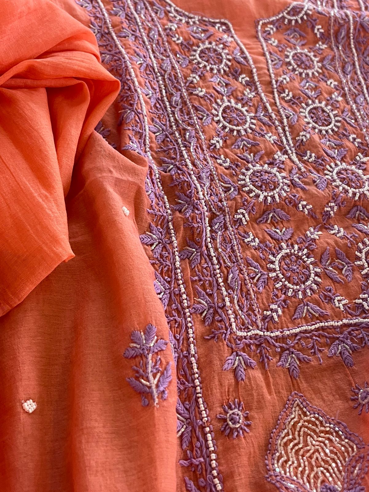 Mul Chanderi Handwork Chikankari Kurta Dupatta - Coral