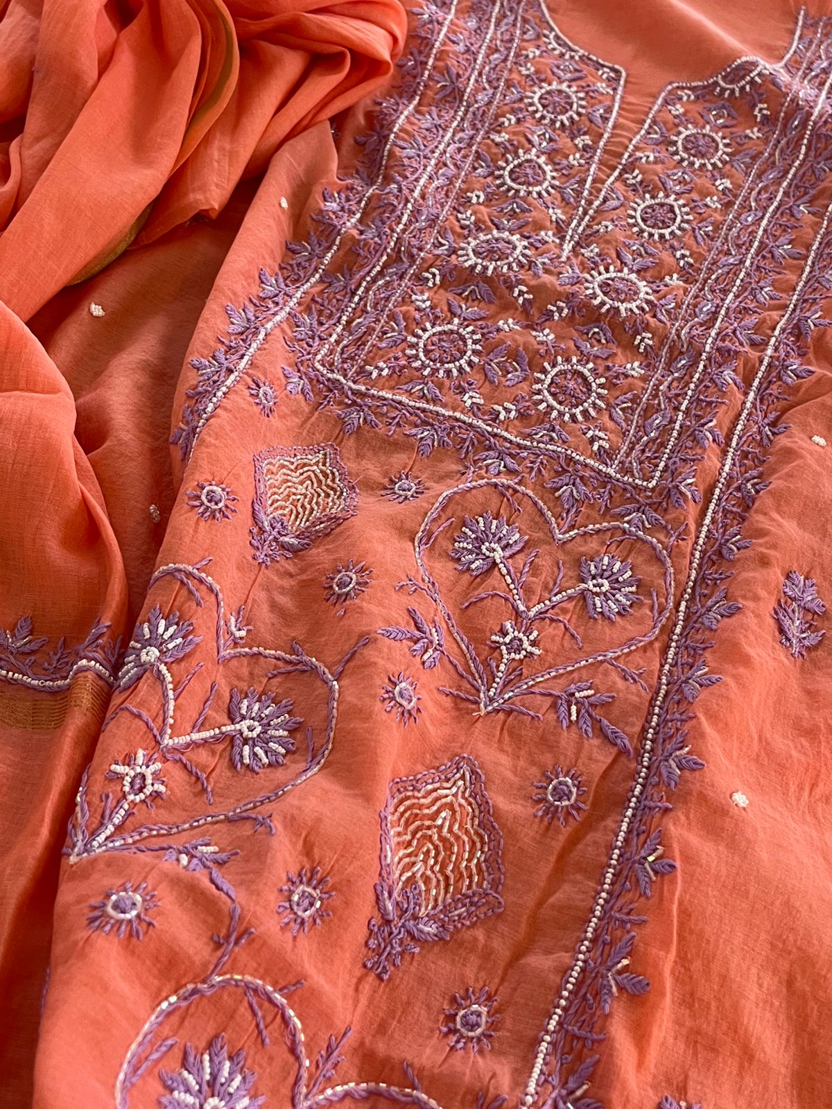 Mul Chanderi Handwork Chikankari Kurta Dupatta - Coral