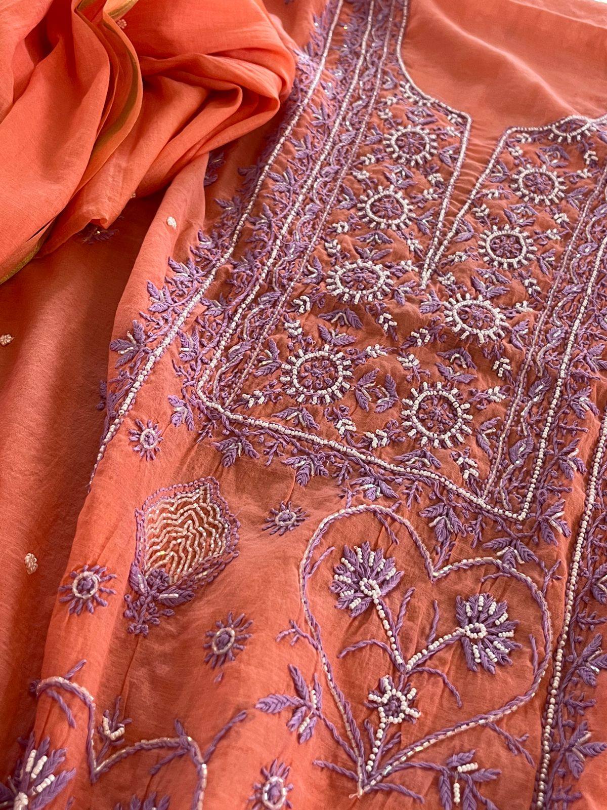 Mul Chanderi Handwork Chikankari Kurta Dupatta - Coral