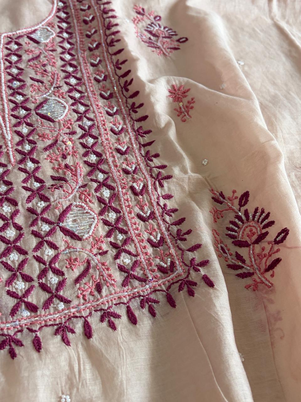Mul Chanderi Handwork Chikankari Kurta Dupatta - Pinkish Ivory