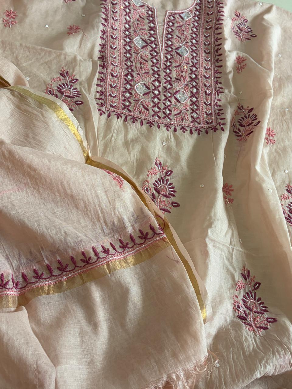 Mul Chanderi Handwork Chikankari Kurta Dupatta - Pinkish Ivory