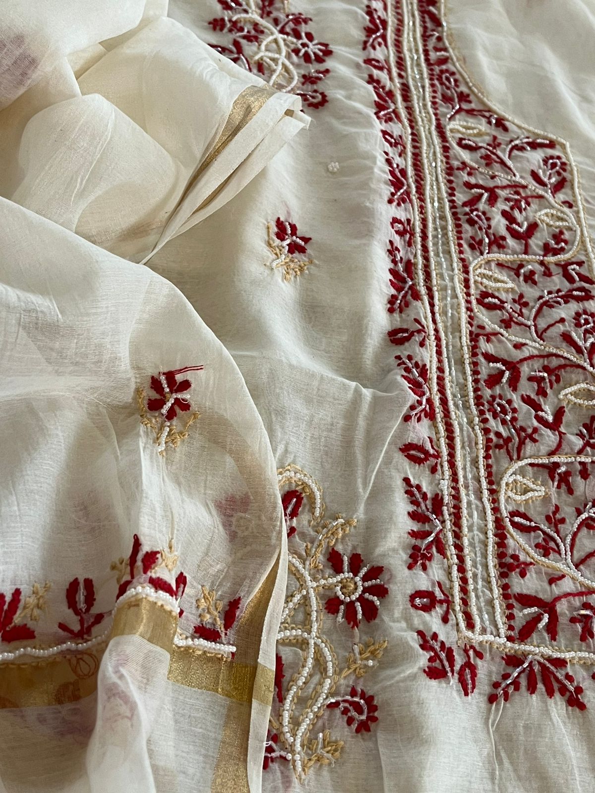 Mul Chanderi Handwork Chikankari Kurta Dupatta - Creamy White