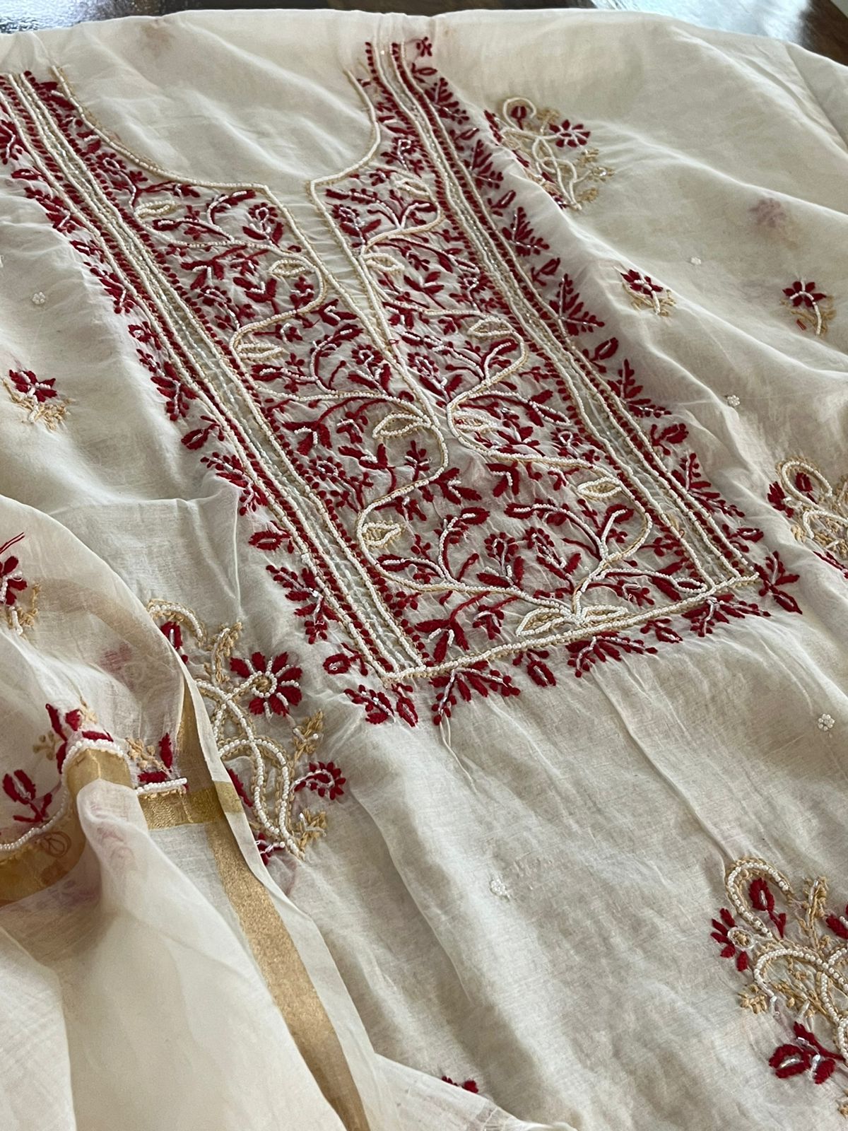 Mul Chanderi Handwork Chikankari Kurta Dupatta - Creamy White