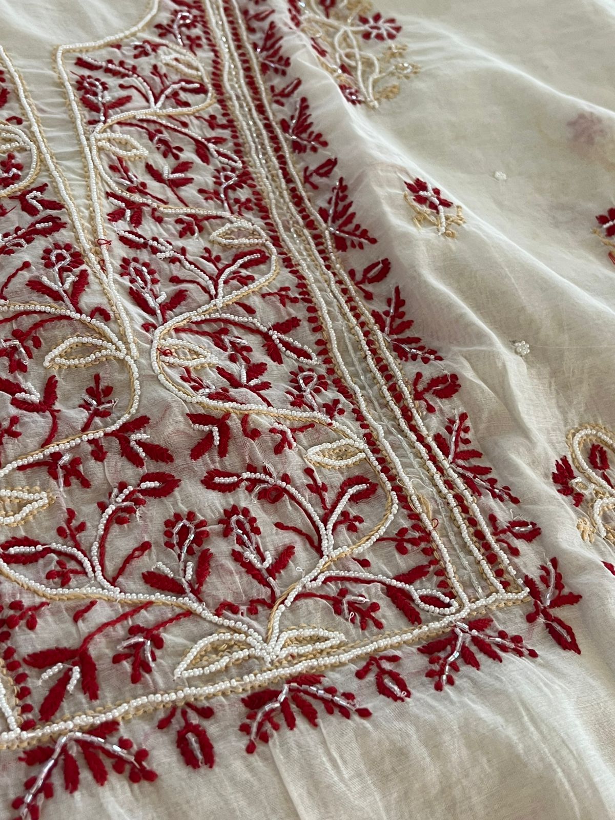 Mul Chanderi Handwork Chikankari Kurta Dupatta - Creamy White