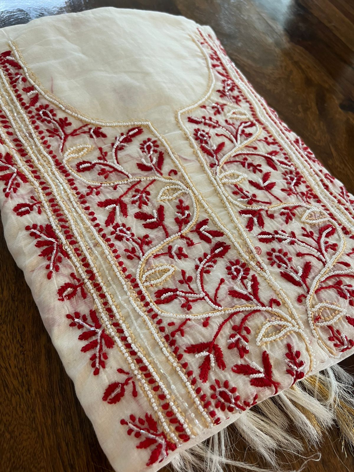 Mul Chanderi Handwork Chikankari Kurta Dupatta - Creamy White