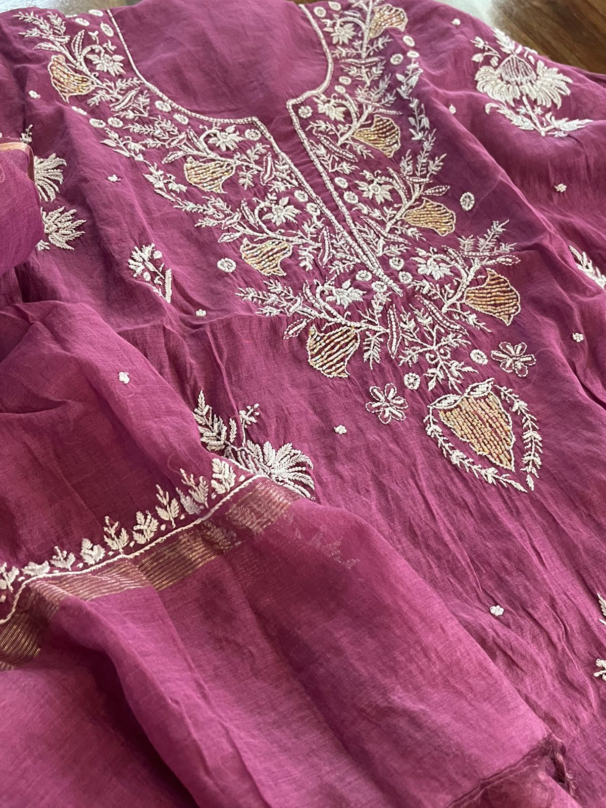 Mul Chanderi Handwork Chikankari Kurta Dupatta - Purple