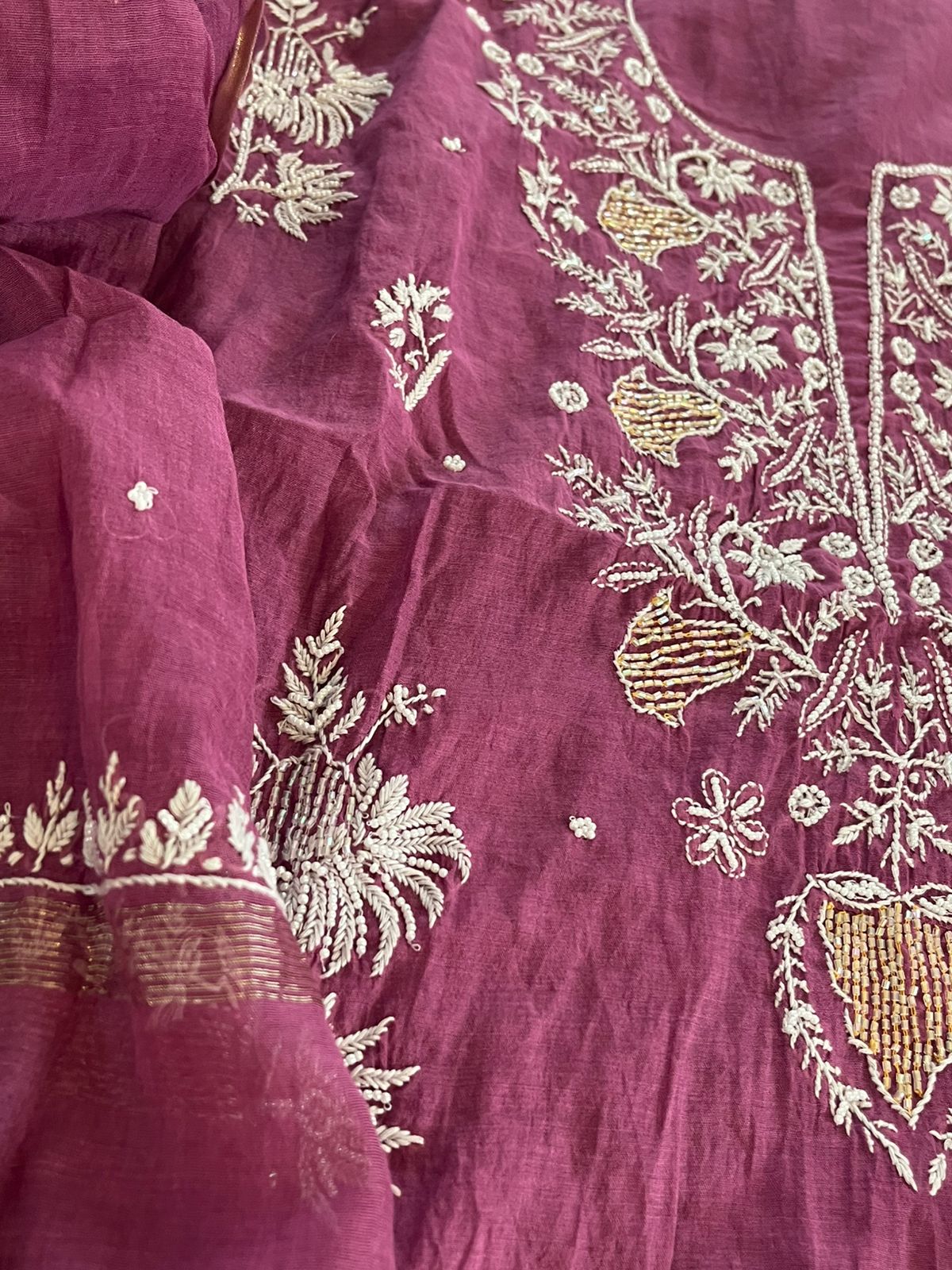 Mul Chanderi Handwork Chikankari Kurta Dupatta - Purple