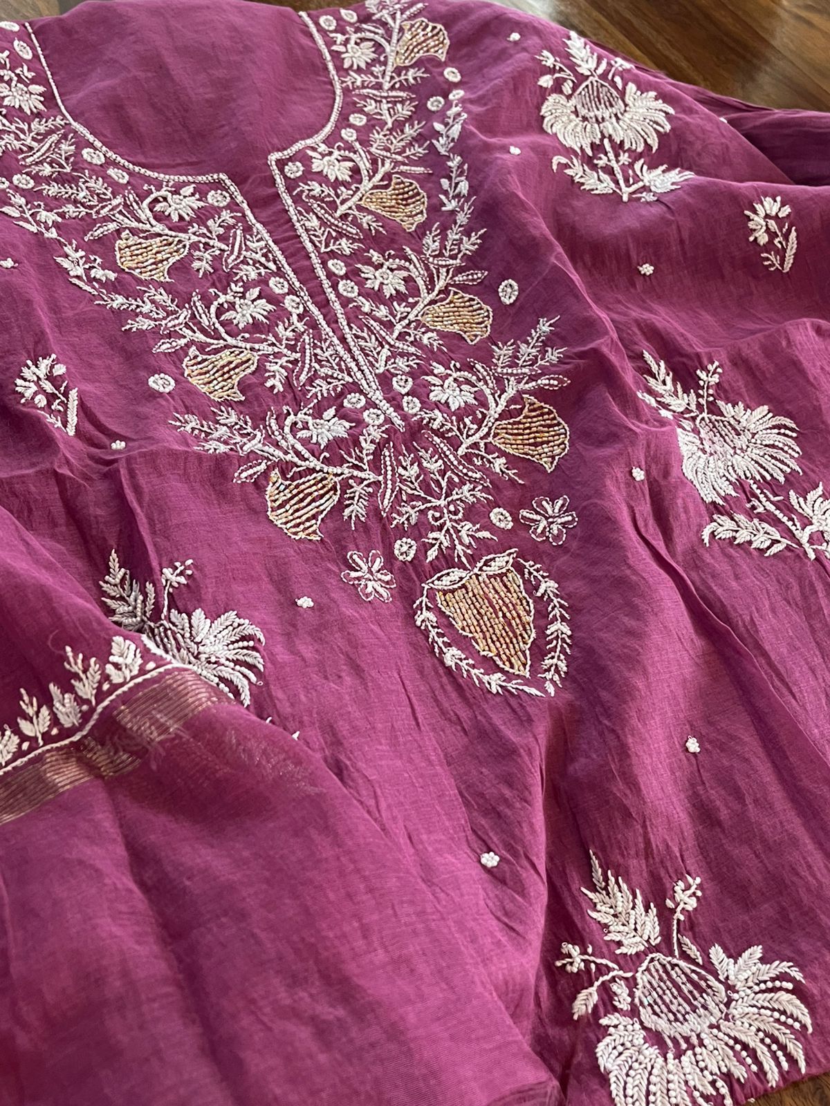 Mul Chanderi Handwork Chikankari Kurta Dupatta - Purple