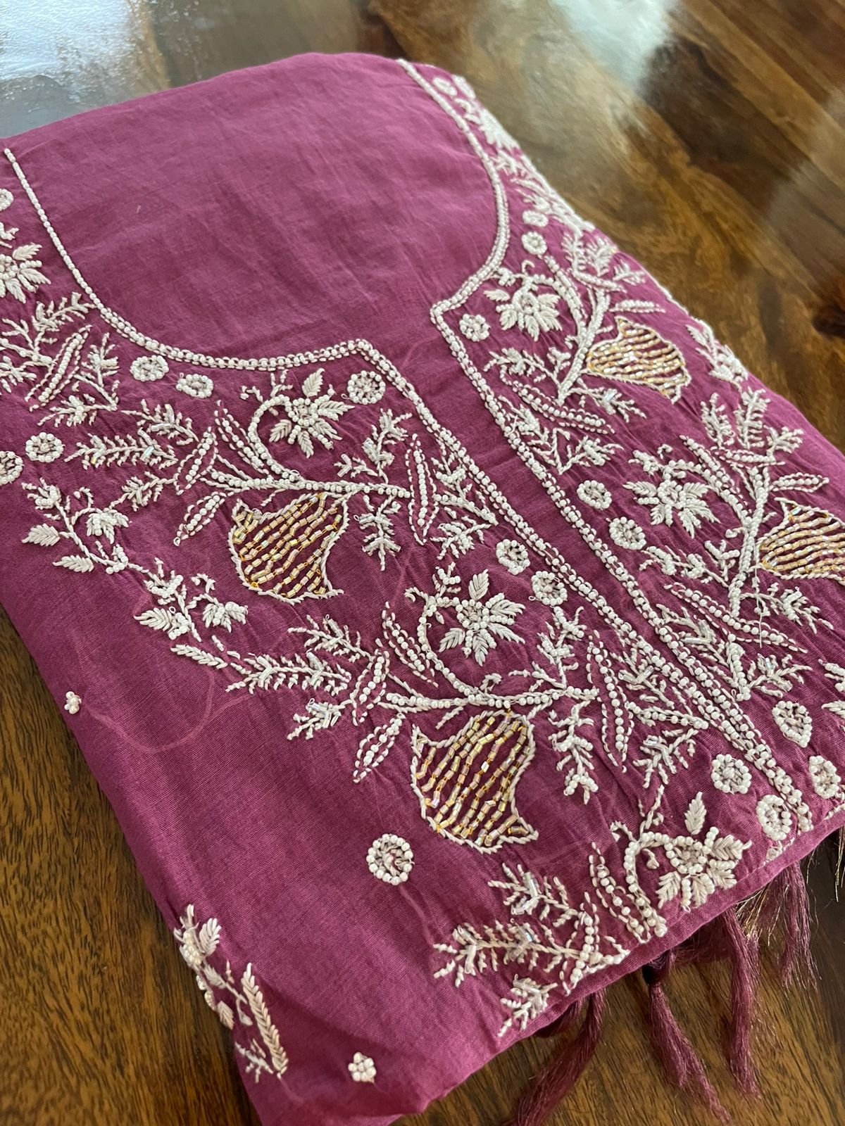Mul Chanderi Handwork Chikankari Kurta Dupatta - Purple