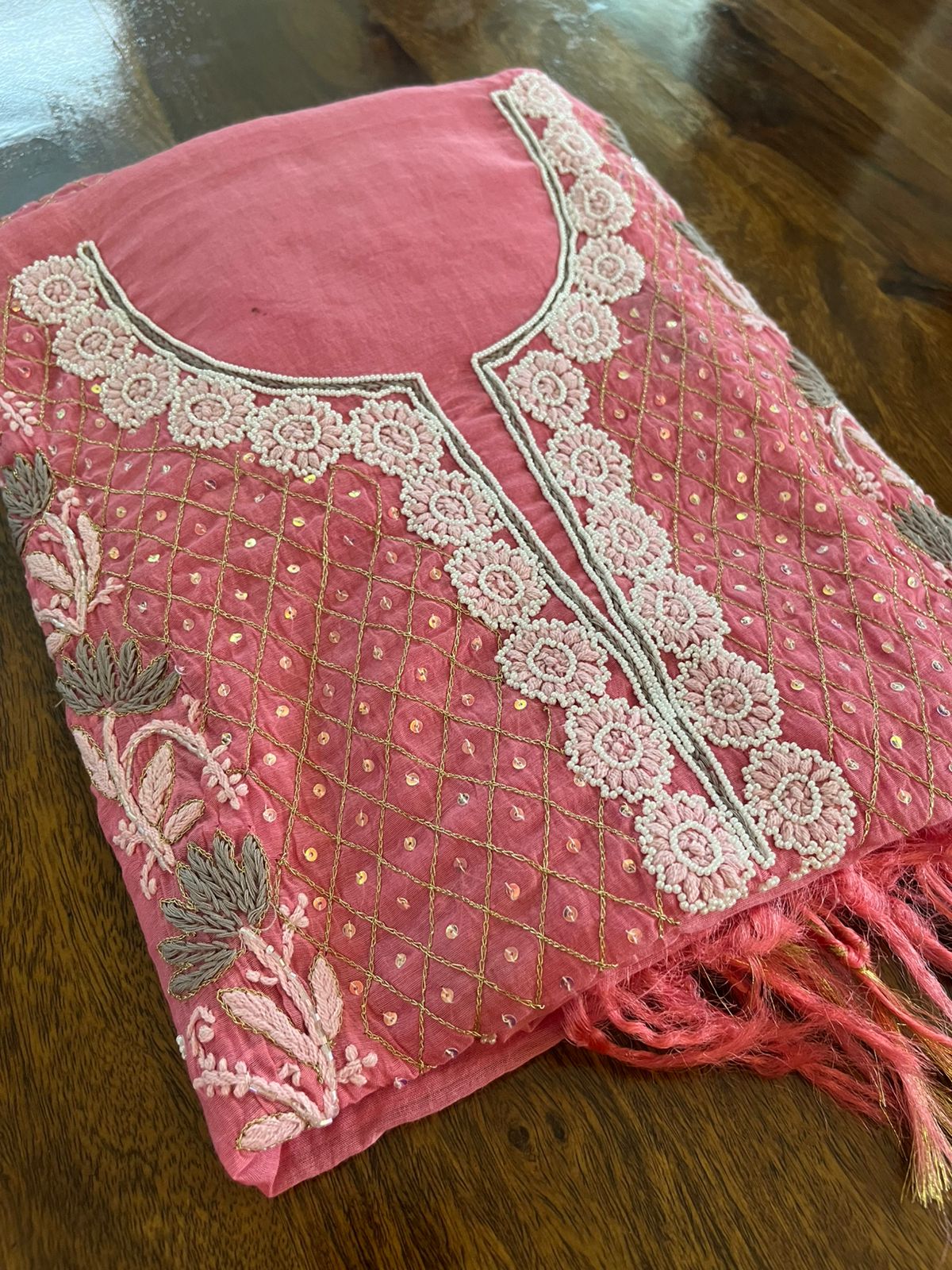 Mul Chanderi Handwork Chikankari Kurta Dupatta - Deep Rose Pink
