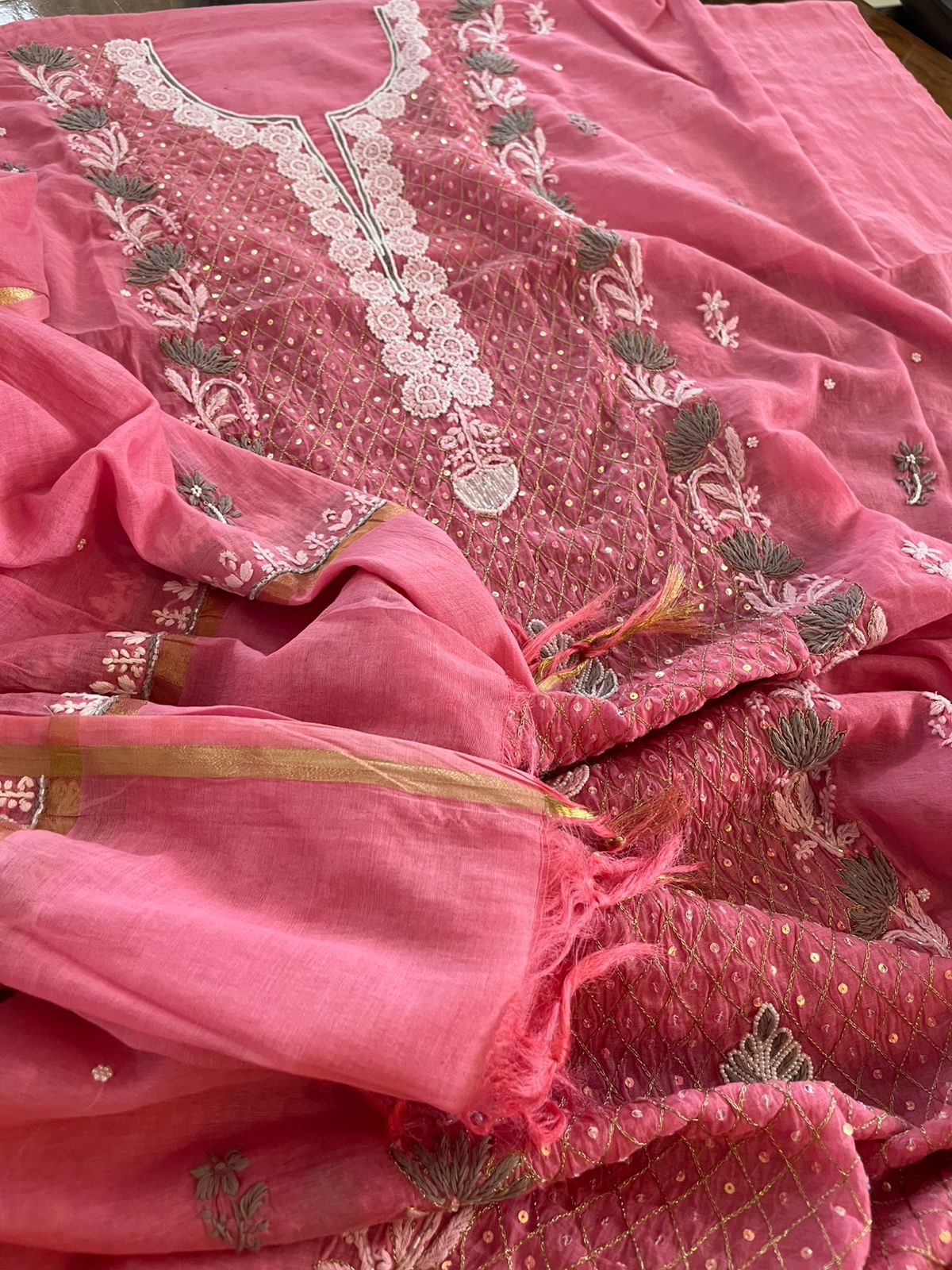 Mul Chanderi Handwork Chikankari Kurta Dupatta - Deep Rose Pink