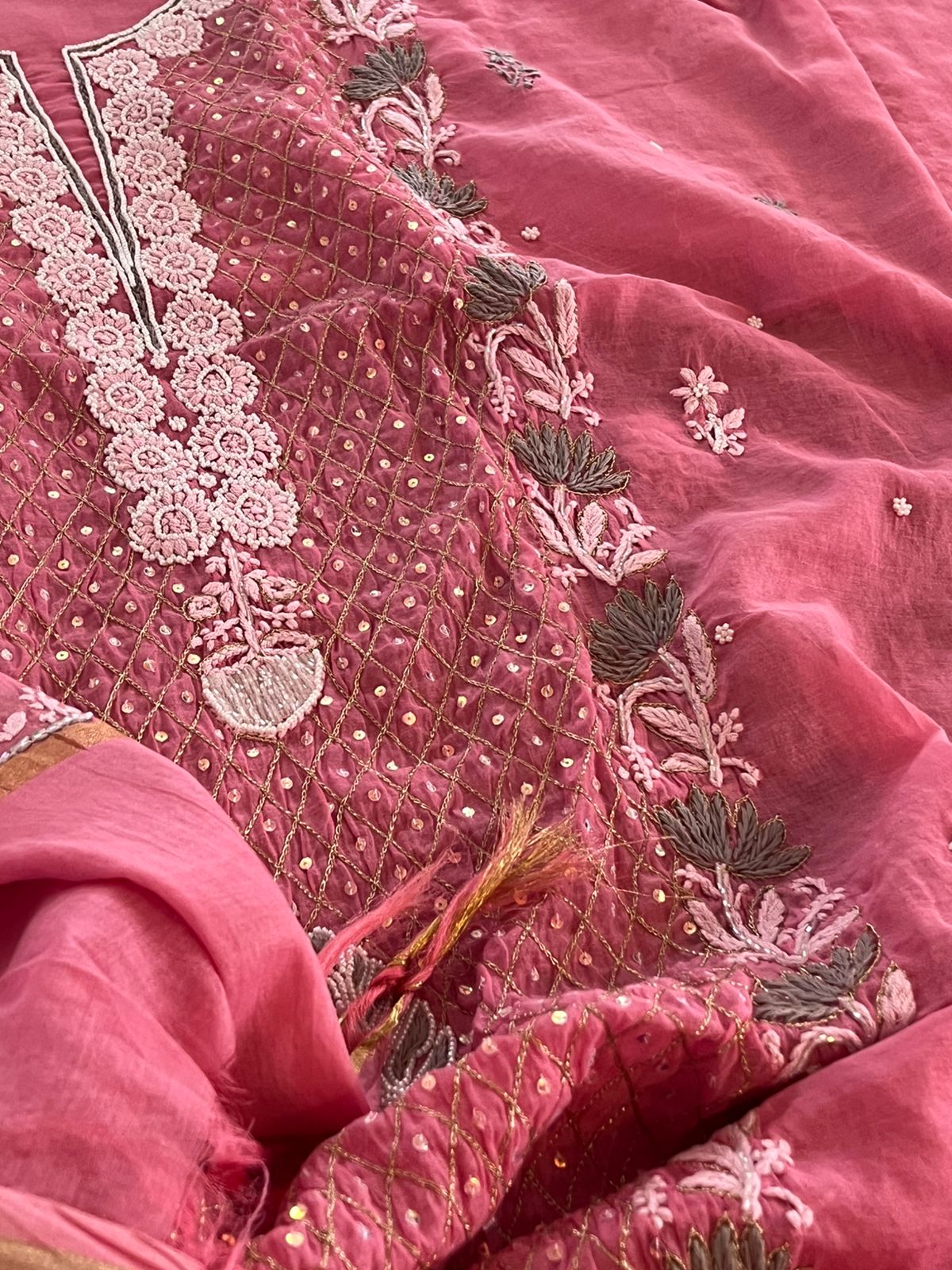 Mul Chanderi Handwork Chikankari Kurta Dupatta - Deep Rose Pink