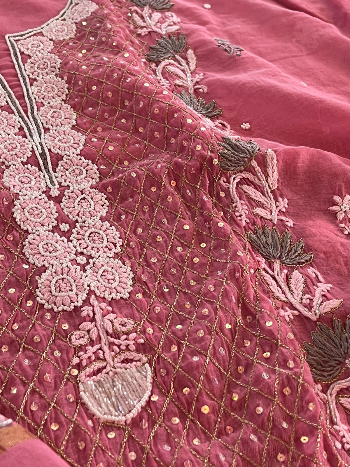 Mul Chanderi Handwork Chikankari Kurta Dupatta - Deep Rose Pink