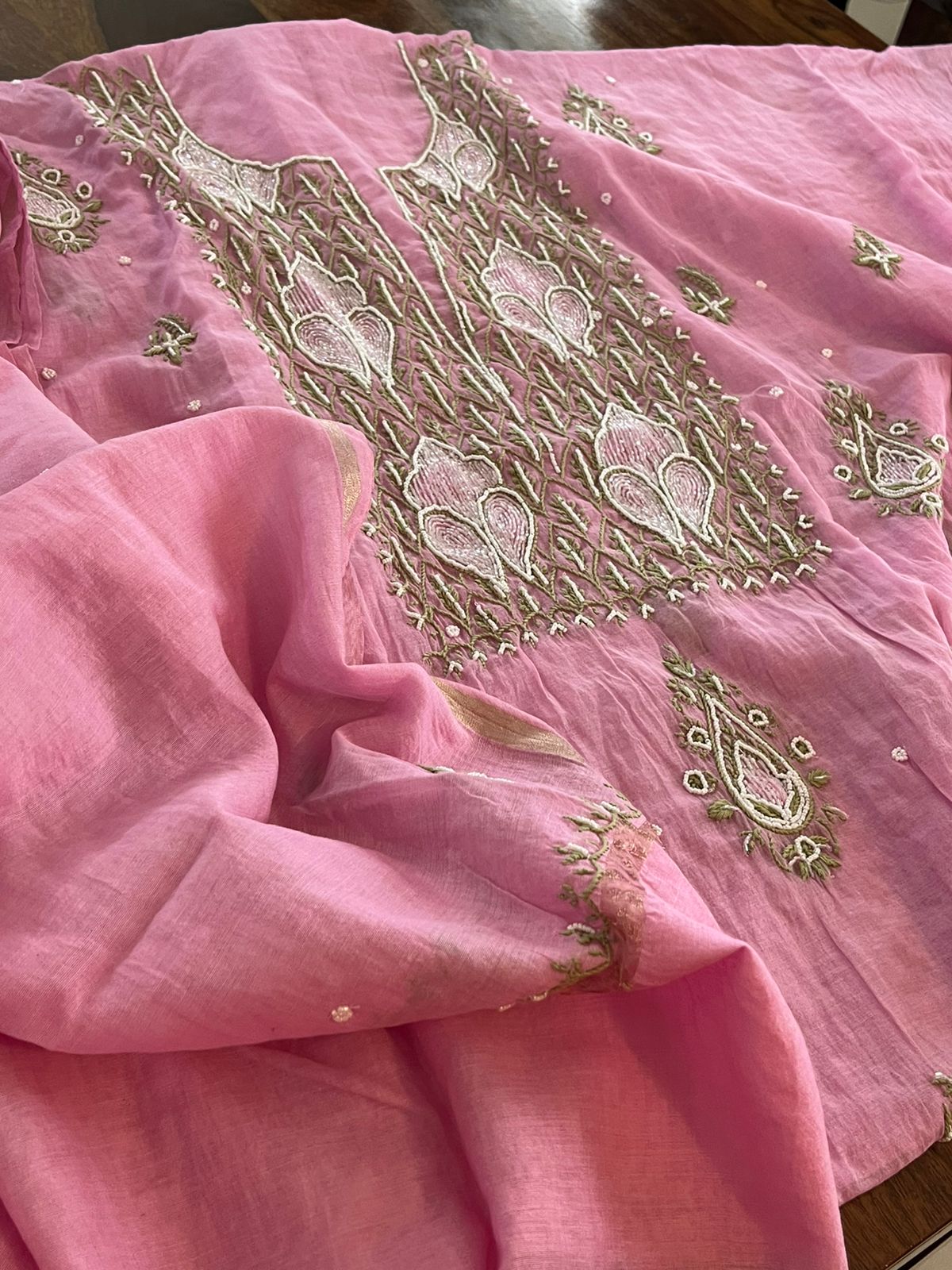 Mul Chanderi Handwork Chikankari Kurta Dupatta - Dusty Rose