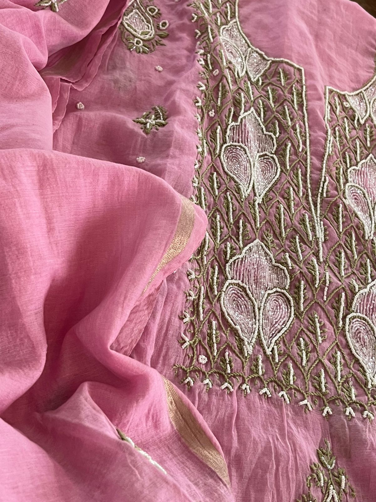 Mul Chanderi Handwork Chikankari Kurta Dupatta - Dusty Rose