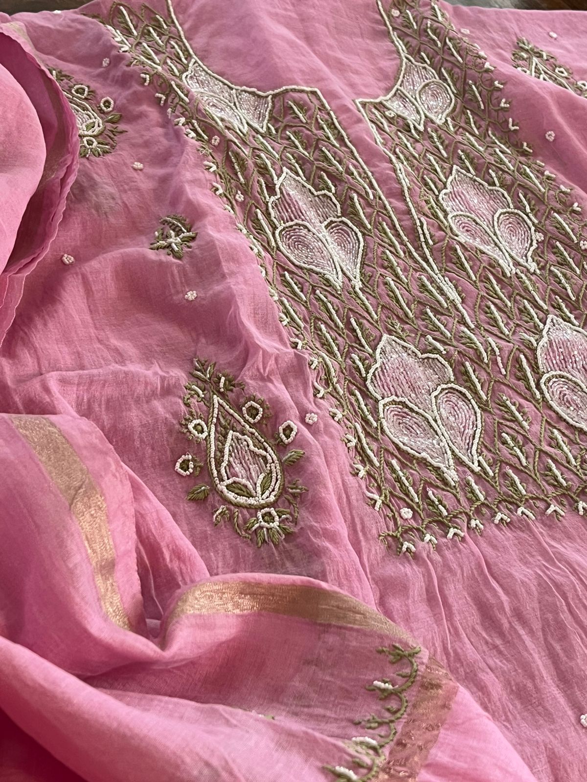 Mul Chanderi Handwork Chikankari Kurta Dupatta - Dusty Rose