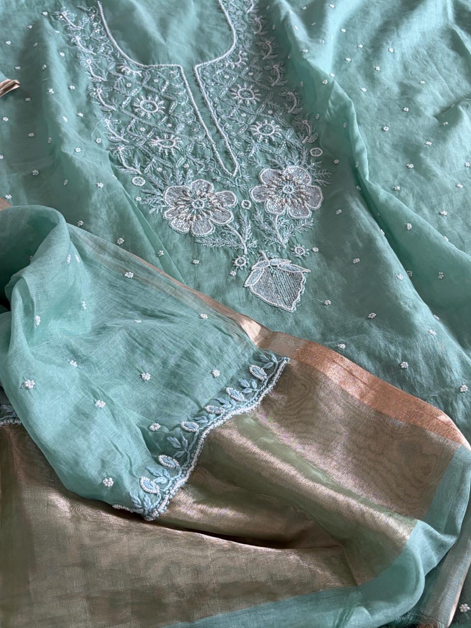 Mul Chanderi Handwork Chikankari Kurta Dupatta - Sea blue