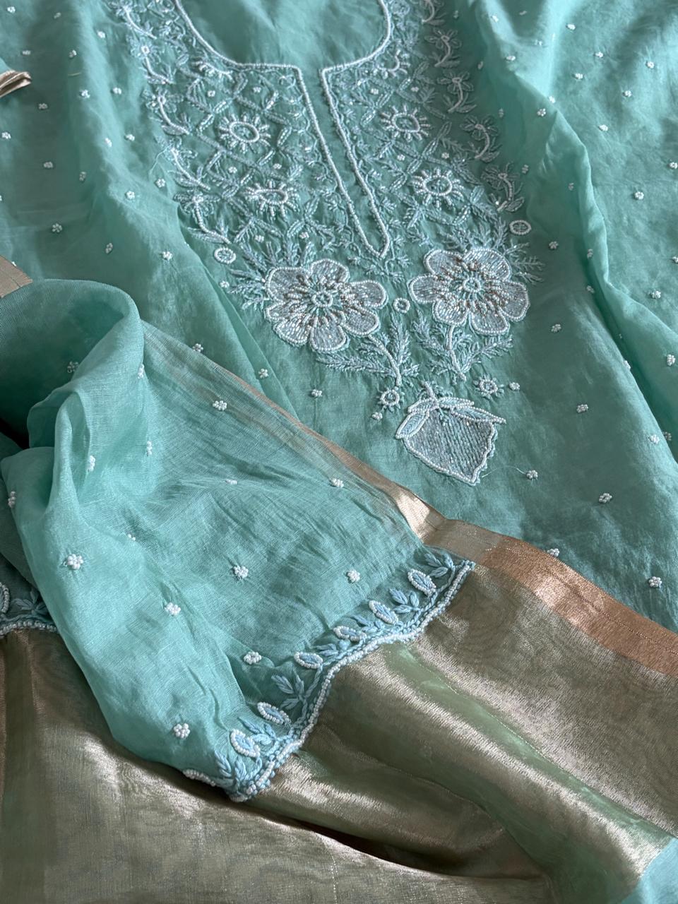 Mul Chanderi Handwork Chikankari Kurta Dupatta - Sea blue