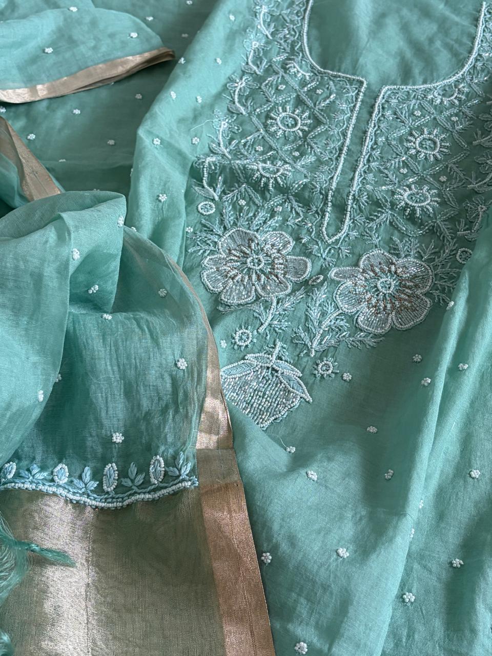 Mul Chanderi Handwork Chikankari Kurta Dupatta - Sea blue