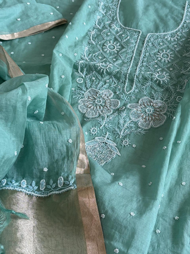 Image of Mul Chanderi Handwork Chikankari Kurta Dupatta - Sea blue
