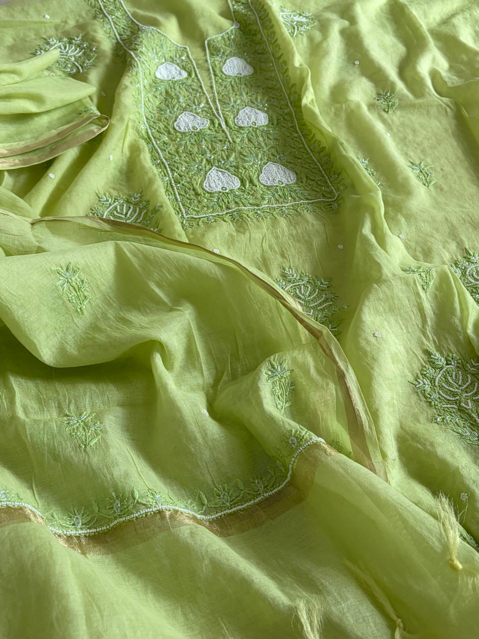 Mul Chanderi Handwork Chikankari Kurta Dupatta - Pistachio Green