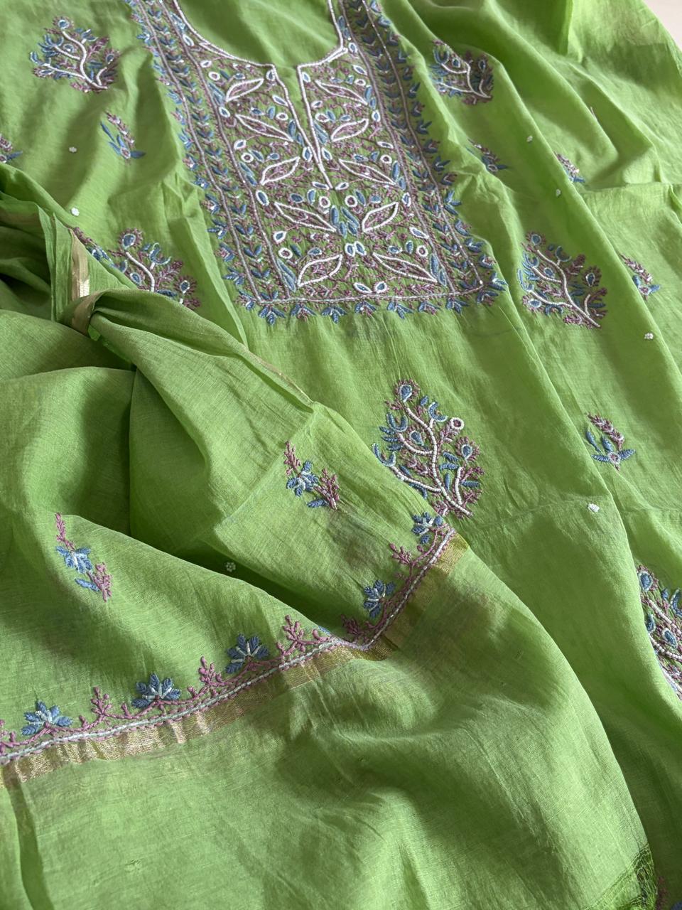 Mul Chanderi Handwork Chikankari Kurta Dupatta - Green