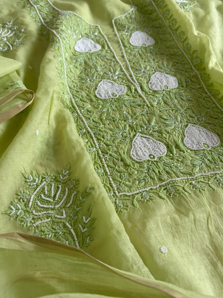 Image of Mul Chanderi Handwork Chikankari Kurta Dupatta - Pistachio Green