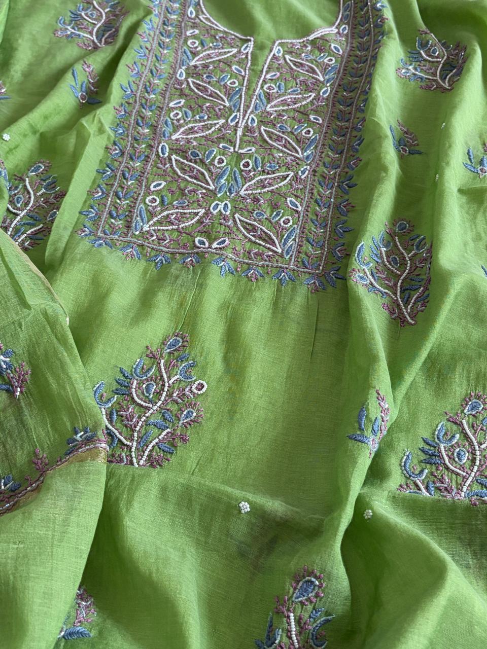 Mul Chanderi Handwork Chikankari Kurta Dupatta - Green