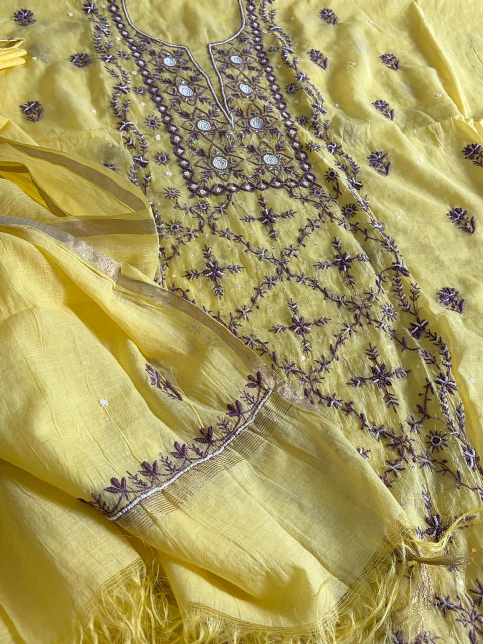 Mul Chanderi Handwork Chikankari Kurta Dupatta - Lemon  Yellow